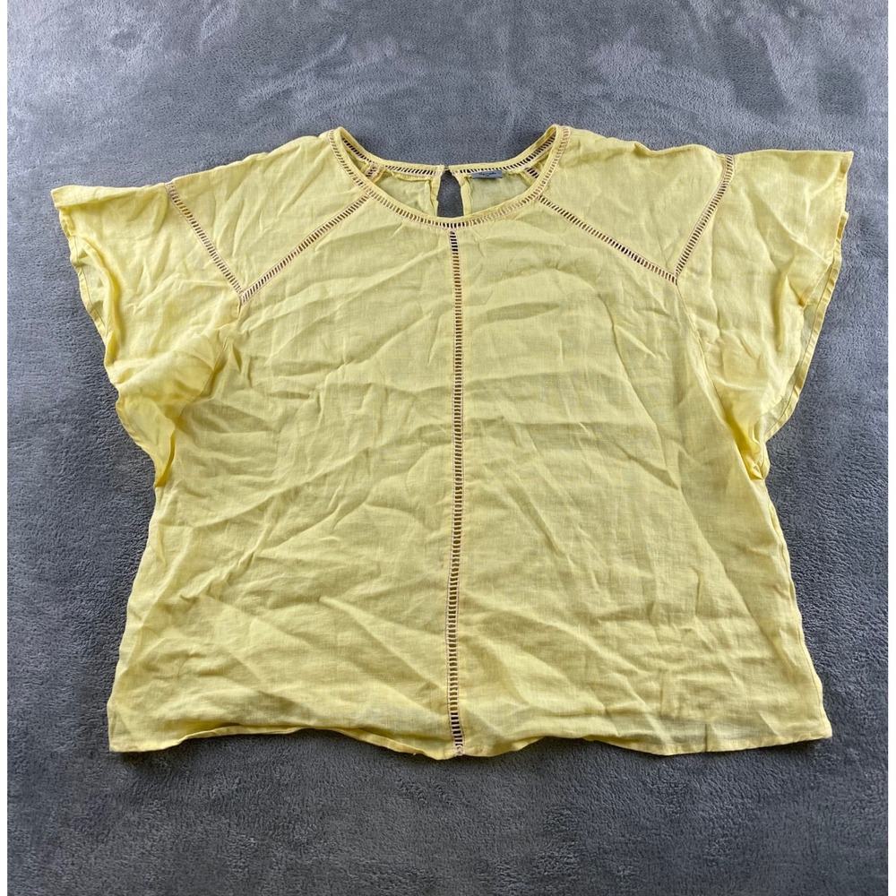 Symple NYC Women Yellow Linen Blend‎ Ladder Stitch Short Sleeve Blouse Top XL
